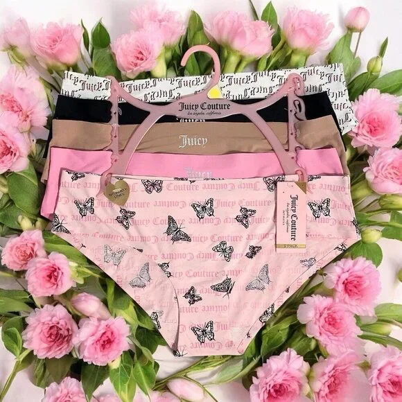 Juicy Couture Bikini Briefs Pink, Butterfly, Black, Beige Panties 5 Piece Set XL - Picture 1 of 4